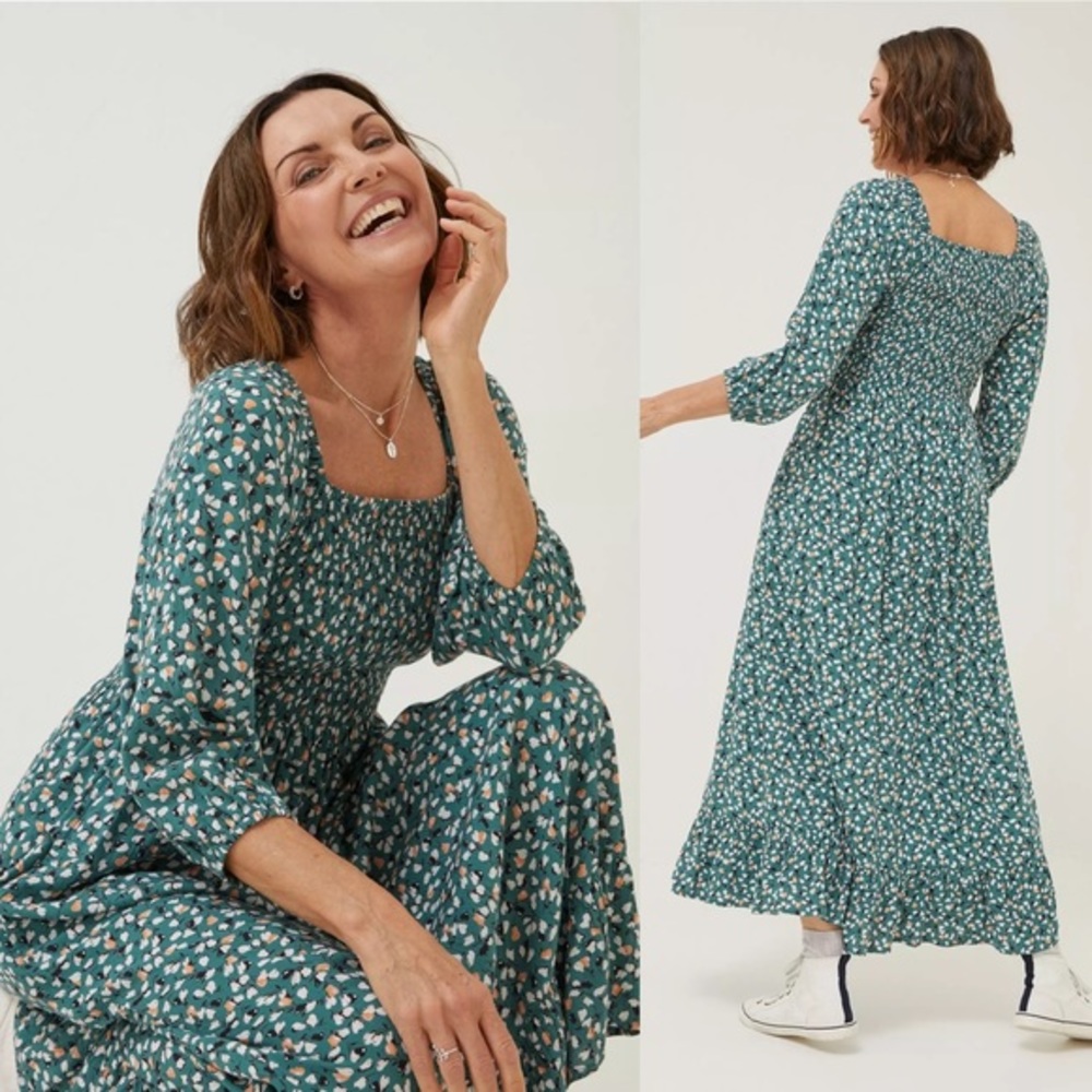 Fat Face Adele Shirred Ditsy Print Midi Dress Size 8